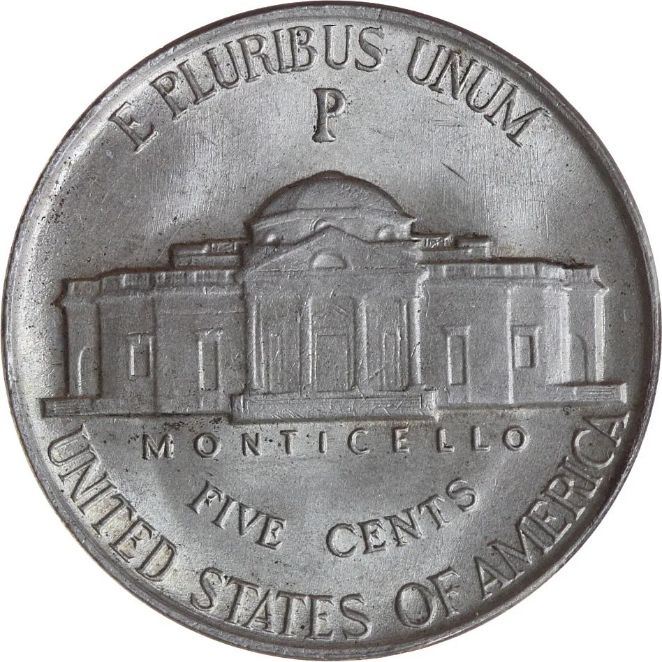 1945-P Jefferson war nickel, back, with a large P mint mark above Monticello's dome