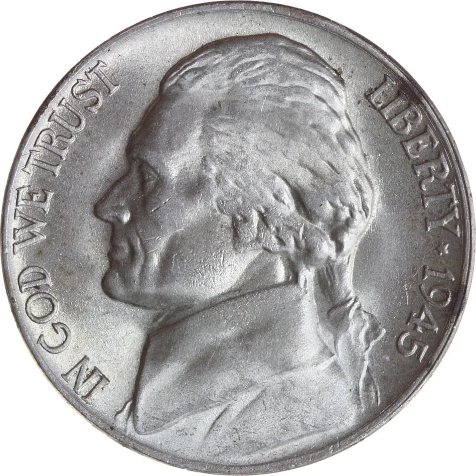 1945-P Jefferson war nickel, front, with dark gray toning