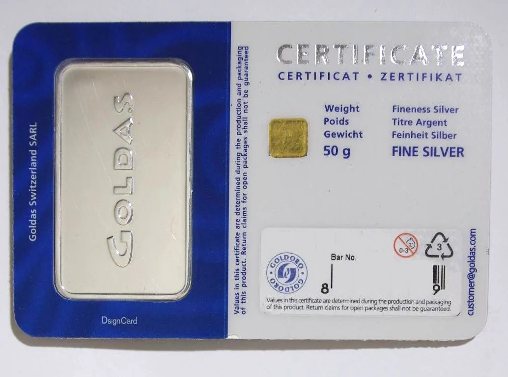 A small silver bullion bar in an assay card